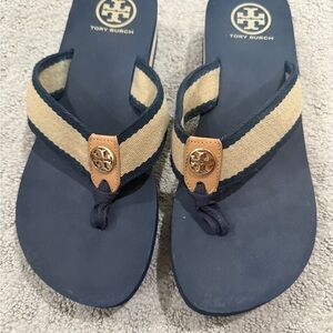 Tory Burch “Frankie” Blue and Beige Sandals - Size 8